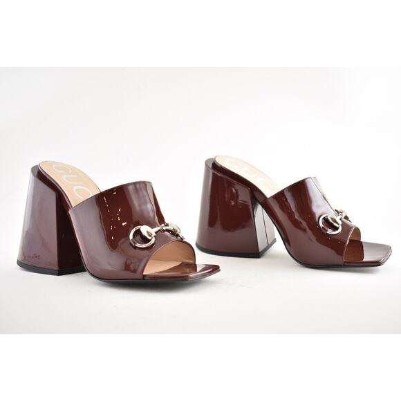 Gucci Lexi 105 Dark Red Bordeaux Patent Backless Sandal Mule Block Heel Pump 35 - Picture 2 of 11